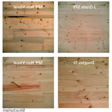 Examples of J-grade SPF, SPD Non-visual, and Douglas-fir wood